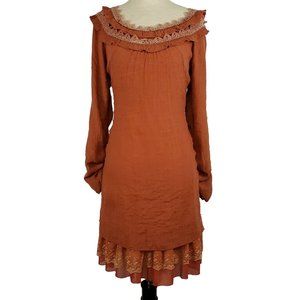 Urban Mango Women dress tunic sz L mini overlay BOHO orange w/ lace